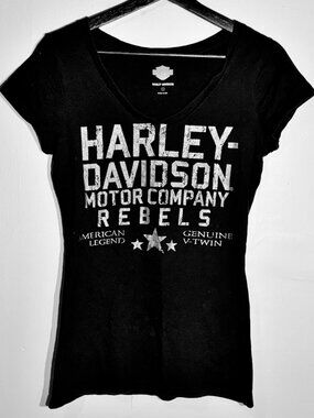 Harley Davidson Rebels V-Neck T-Shirt Women’s Small Black Distressed Graphic